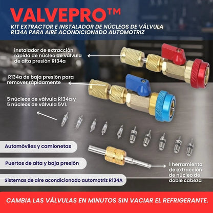 ValvePro™ - Kit Extractor e Instalador de Núcleos de Válvula R134A para Aire Acondicionado Automotriz