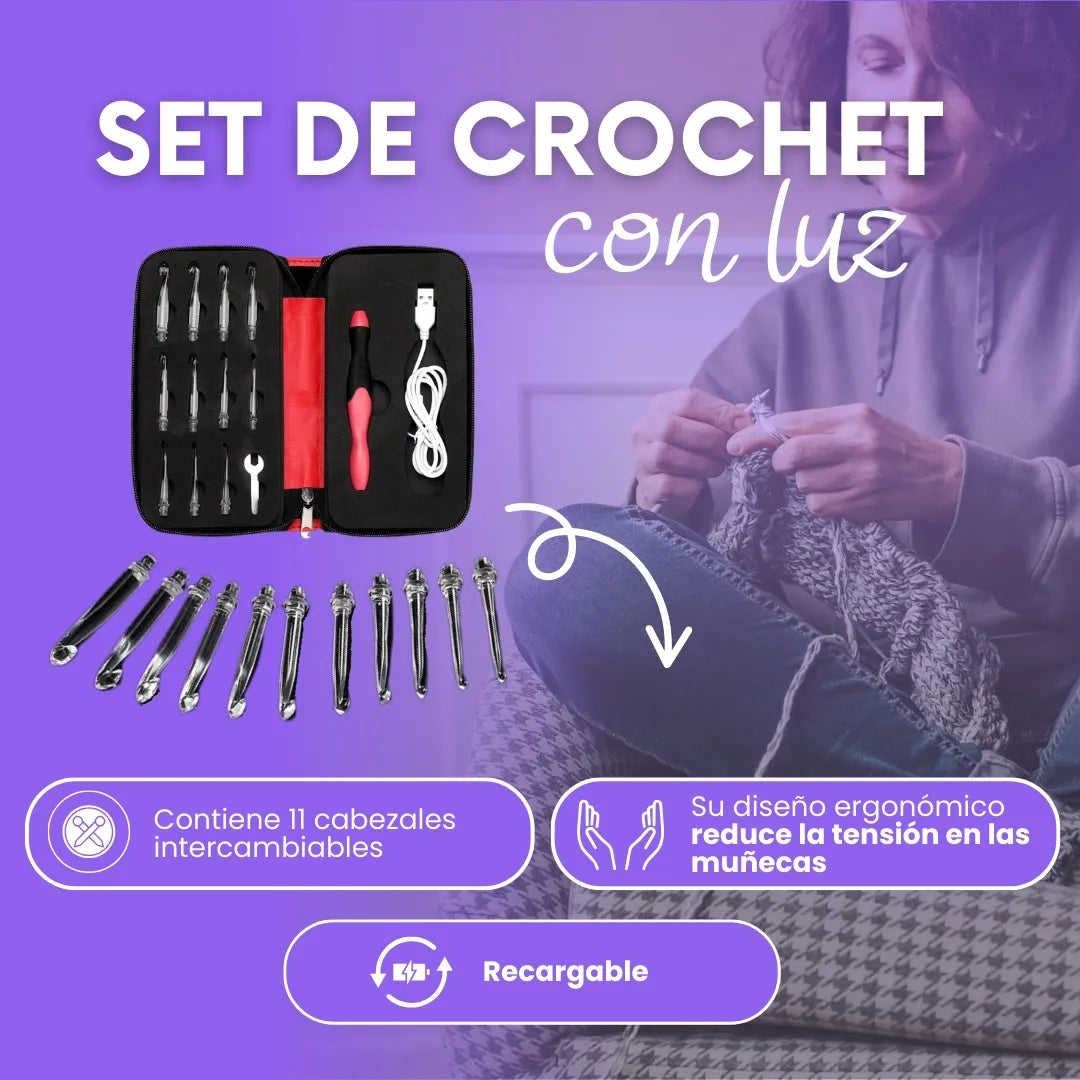 CrochetLúmina™ con 11 cabezales intercambiables y luz led + Regalo 🎁