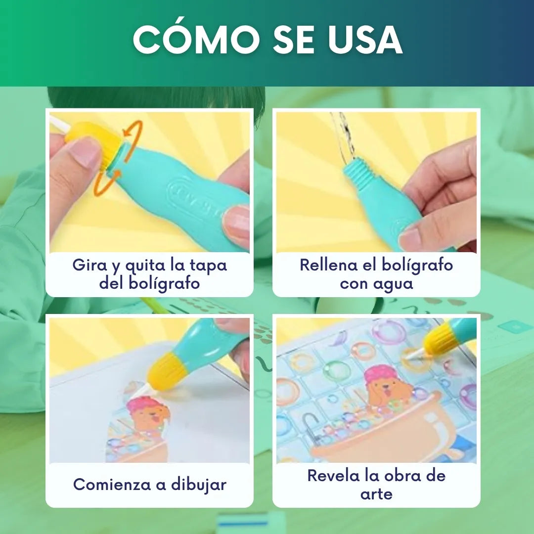 Libro mágico reutilizable de agua para colorear + Bolígrafo - 2x1