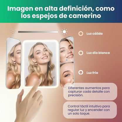 MirrorGlam - Triple espejo LED para maquillaje